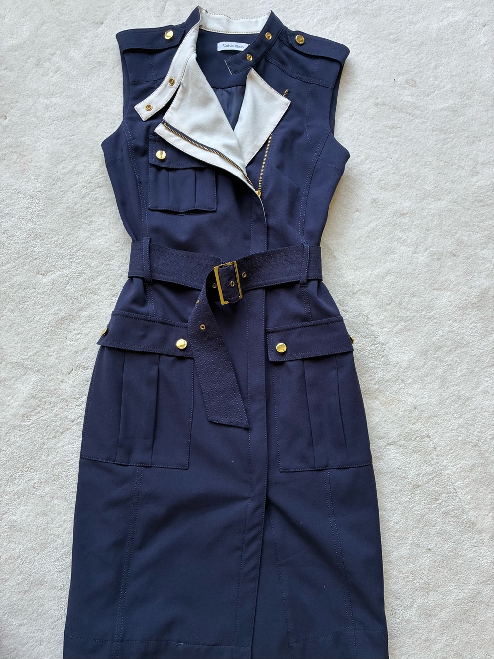 Calvin Klein Navy Sleeveless Belted Utility Midi Dress with Cream Trim